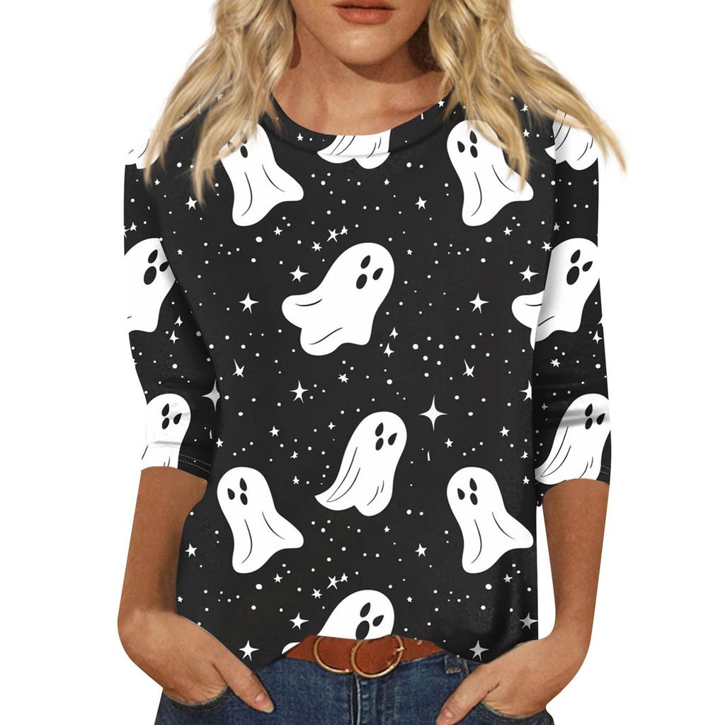 Dámské módní ležérní tričko s tříčtvrtečním rukávem a halloweenským potiskem, s kulatým výstřihem