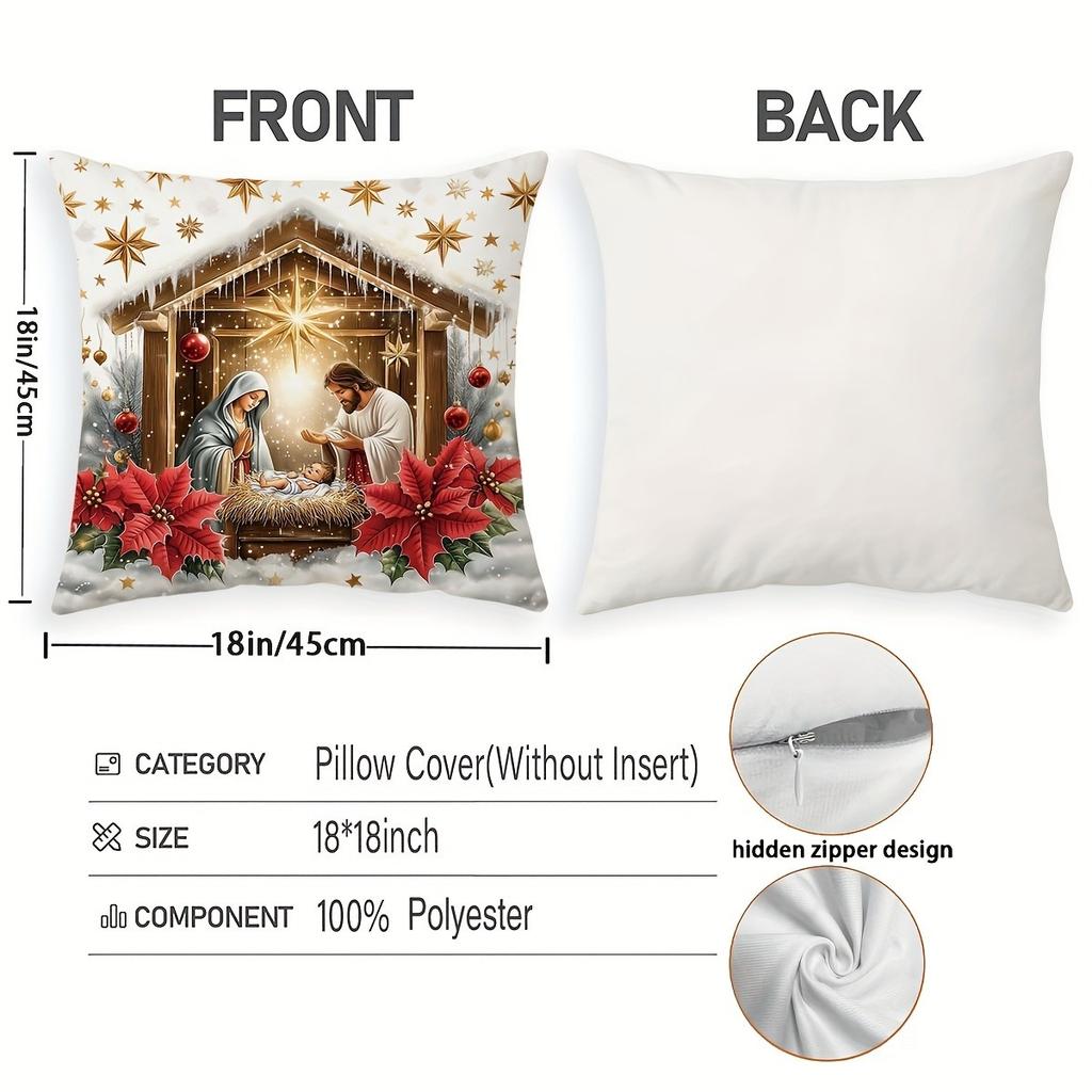 Short Plush Material Pillowcasechristmas Nativity Scene Pillowcases: Baby Jesus With Mary, Joseph, Cows, And Lambs Sofa Room Cus