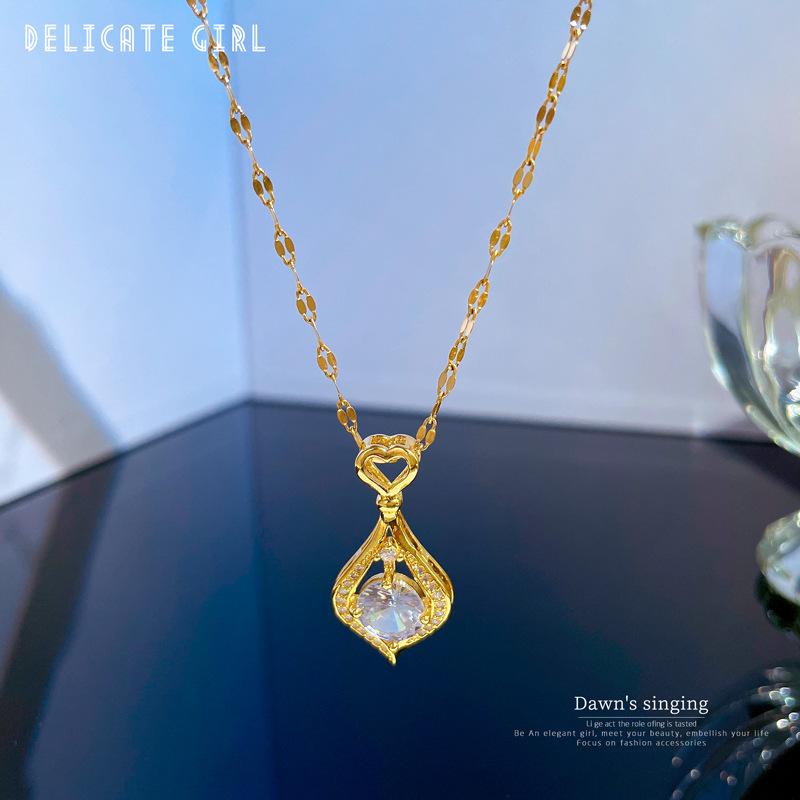 Titanium Steel Light Luxury Love Water Drop Micro Inlaid Real Gold Necklace Women'S Transfer Collarbone Chain With Jewelry