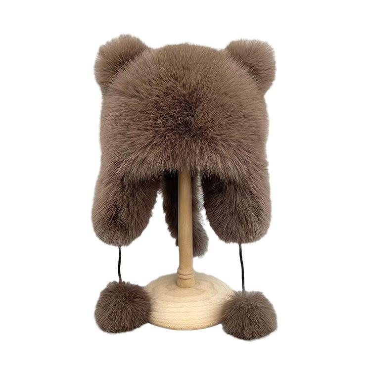 Girls' Winter Furry Lei Feng Hat with Cute Bear Ears and Face-Revealing Design for Northeast China