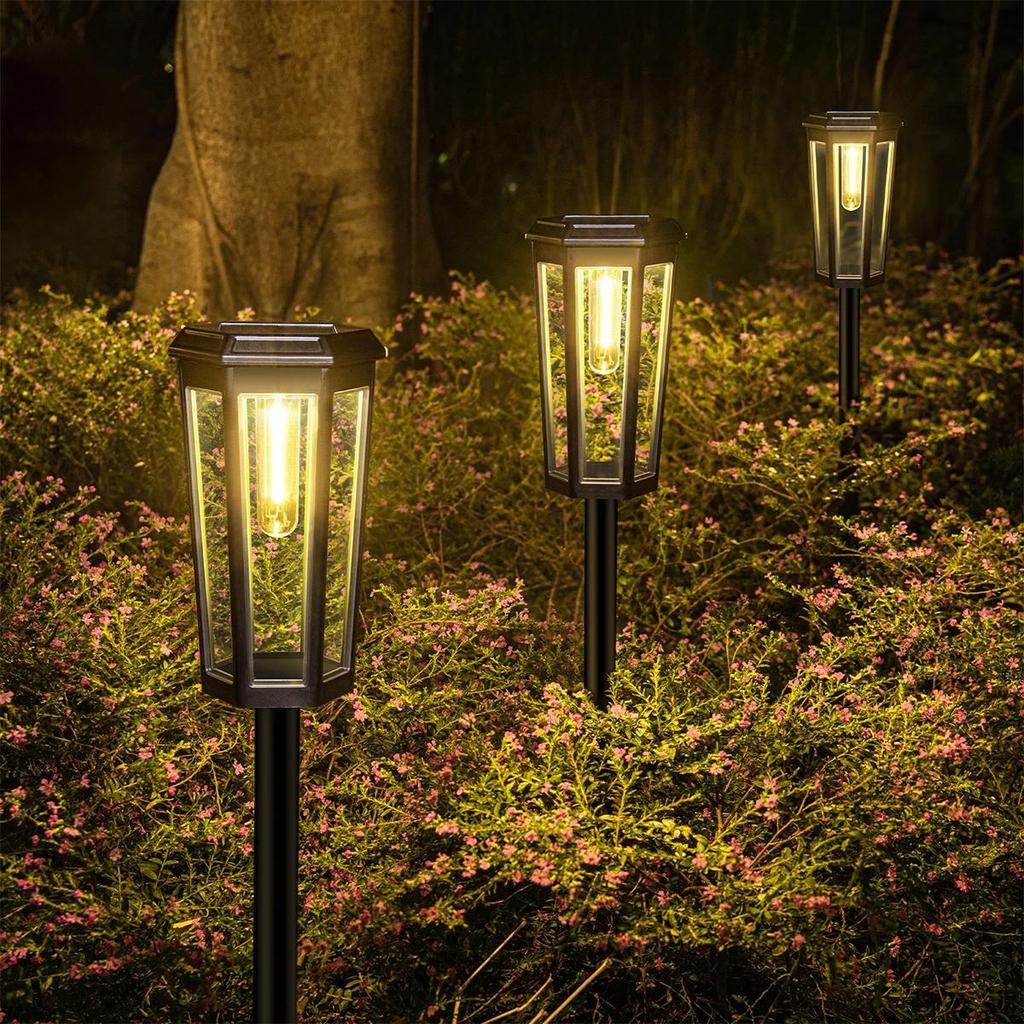 Solar Walkway Led Filament Warm Lamp Powered Lights Outdoor Garden Automatic Lighting Driveway Waterproof Stake Pathway Wireless