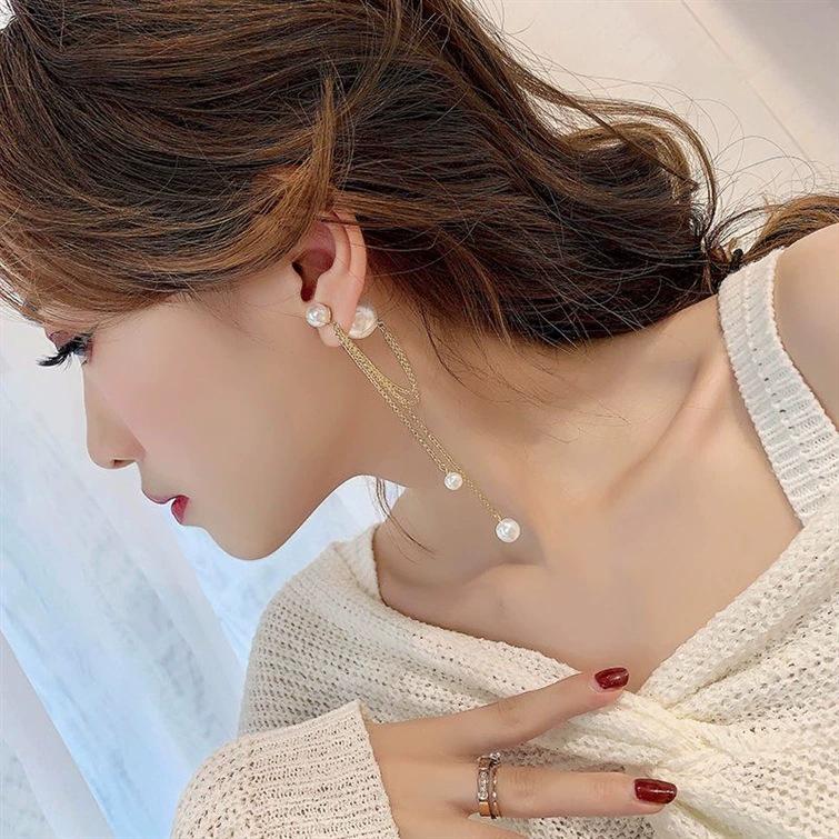 Korean Style Elegant Long Pearl Pendant Earrings for Women - S925 Sterling Silver Studs