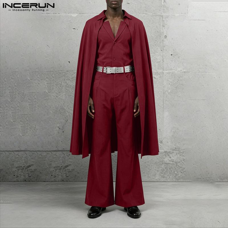 INCERUN 3PCS Men Lapel Neck Long Sleeve Cloak Blazer and Vest and Long Suit Pants Outfits
