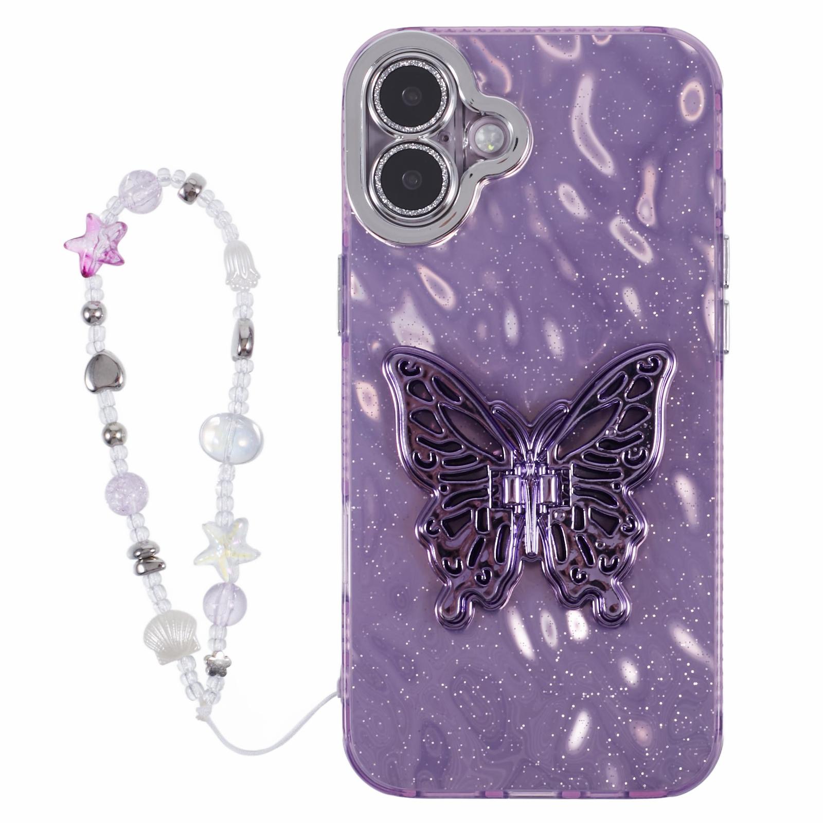 

For iPhone 16 Plus Case Butterfly Kickstand PC+TPU IMD Phone Cover with Lens Film/Beaded Strap I