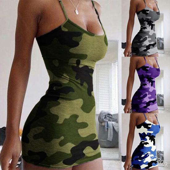 Sexy dámské mini šaty bez rukávů na špagetová ramínka s maskáčovým potiskem, párty, přiléhavé