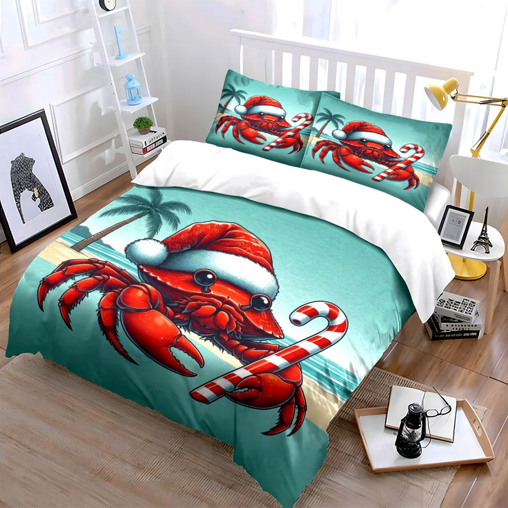 Christmas Crab with Candy Cane Bedding Duvet Cover Set (1*Duvet Cover 2*Pillowcases, Without Duvet Insert)