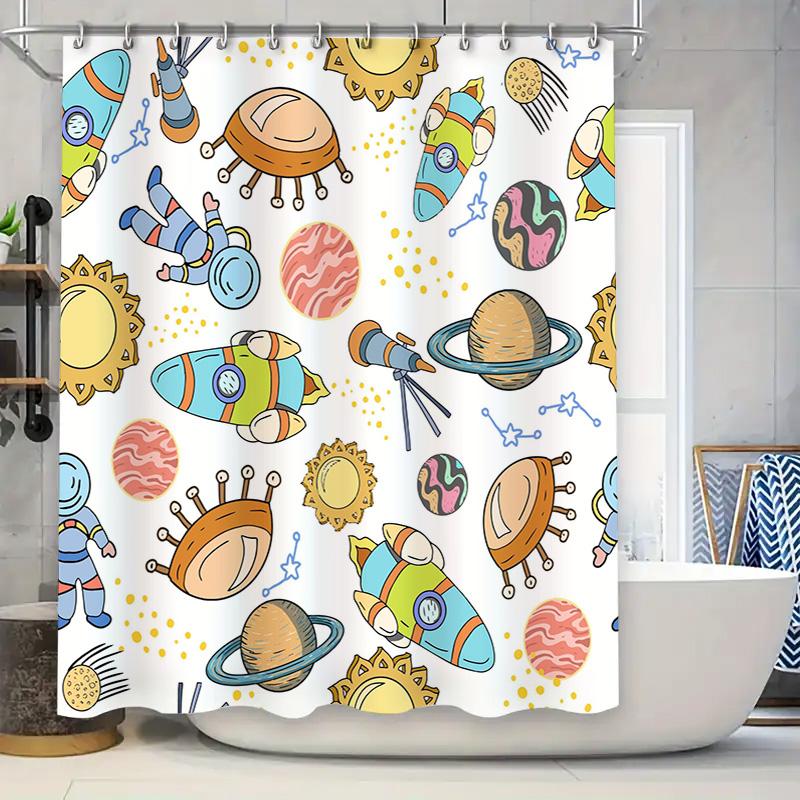 

Space Exploration Bathroom Decor Shower Curtain Pattern featuring Rockets and Planets Waterproof Fabric for Home Bathrooms. 90x180cm