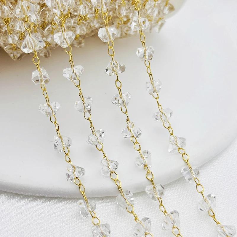 5yards Faceted Triangle Crystal Glass Beads Tassel Copper Link Chain Suitable for Traditional Costume DIY Decoration Accessories
