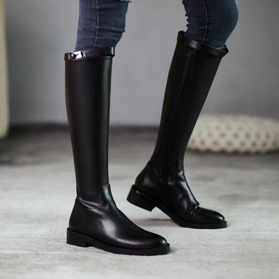 Black Elegant with Low Heels Pointed Toe Leather Women's Long Boots 2026 Autumn Winter Fleece-Lined Ladies Knee High Shaft Shoes