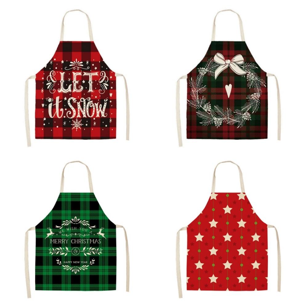 Christmas Apron Holiday Kitchen Aprons Christmas Tree Printed Cotton Linen Plaid Apron Kitchen Baking Cooking Accessories