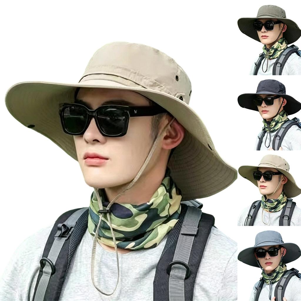 Men Outdoor Sun Protection Hat Wide Brim Fishing Hat Adjustable Chin Strap Breathable Lightweight Bucket Hat for Hiking Camping Travel