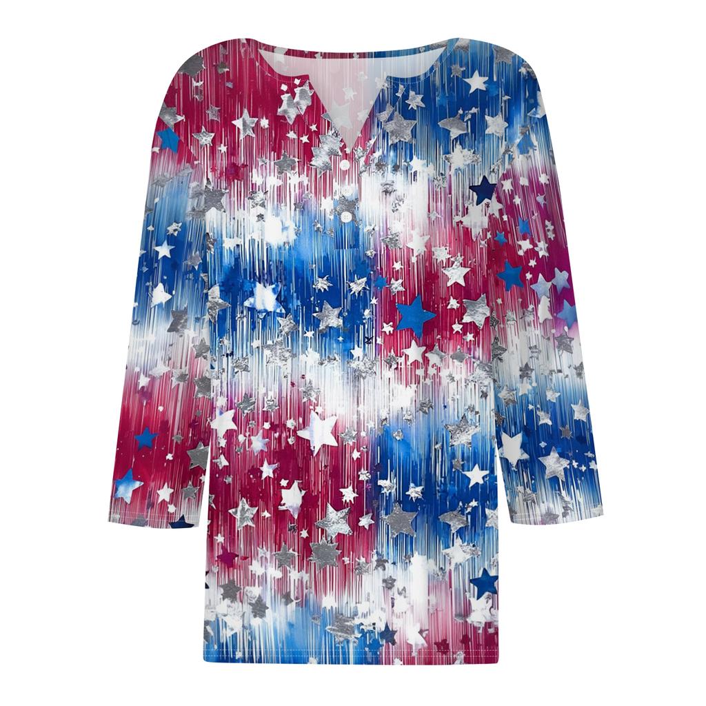 Women's T Shirt Independence Day Print Button 3/4 Sleeve Daily Weekend Fashion Basic V- Neck Regular Top