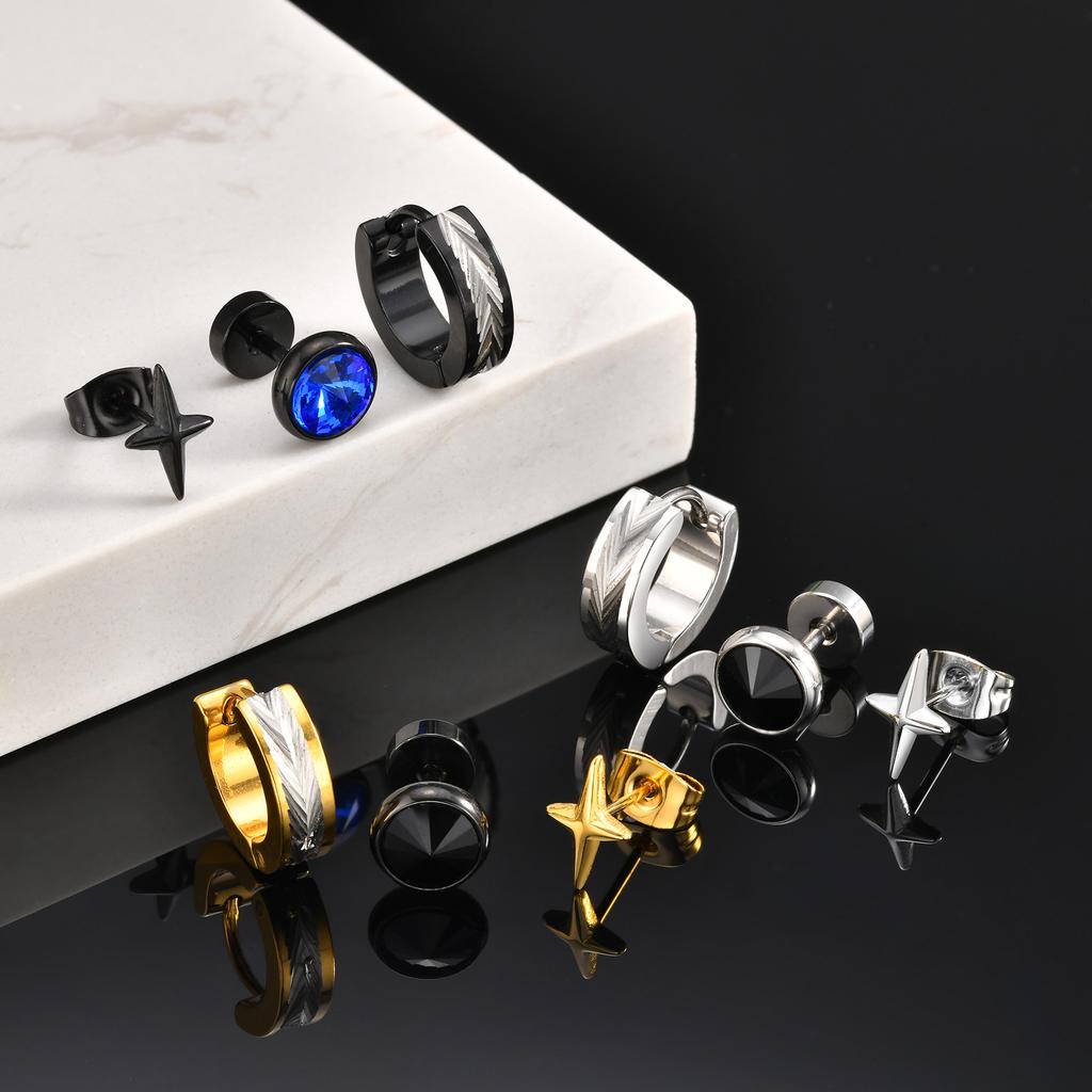 3pcs Black Stainless Steel Stud Earrings for Men,Anti Allergy Blue Crystal Zircon Stud Earrings,Piercing Earring Jewelry Set