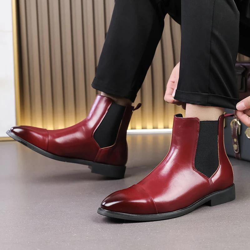 New Italy Men's Chelsea Boots Luxury Brand Formal Shoes Red Sole Square Dress Shoes Business Designer Ankle Boots for Men Boots
