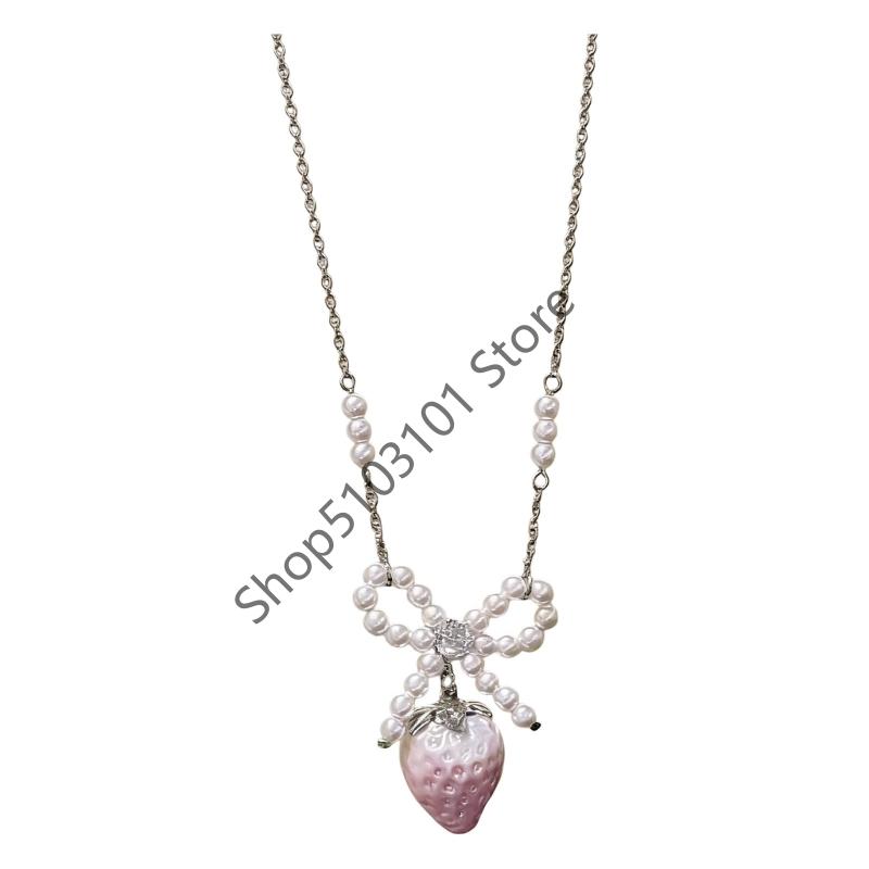 Sweet Strawberry Bowknot Pearls Pendant Necklace Elegant Beaded Neck Jewelry Piece For Women Girls Gift