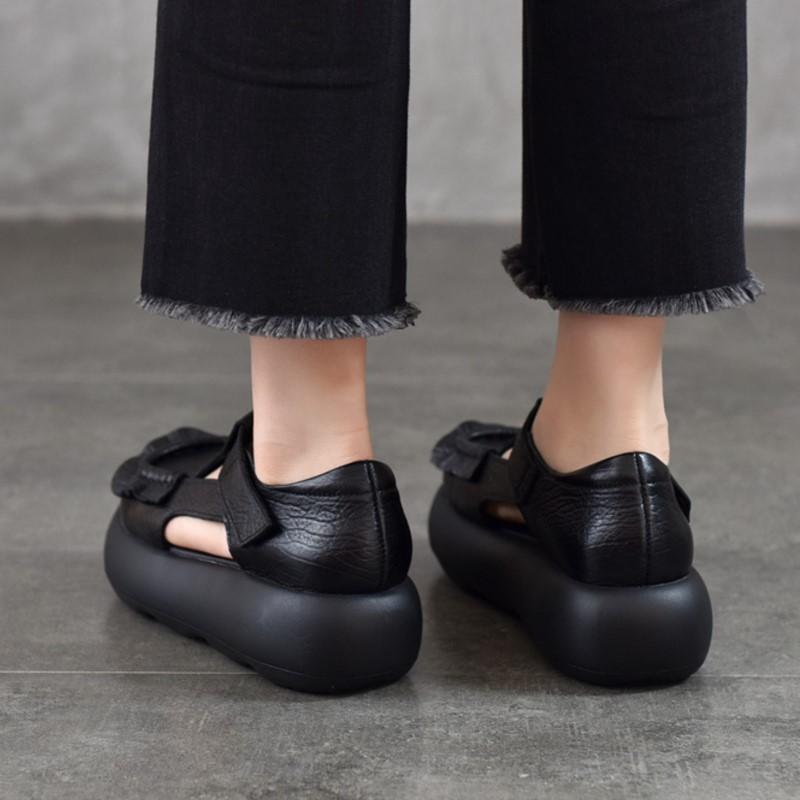 Johnature Retro Genuine Leather Roman Sandals Comfortable And Versatile Round Toe Thick Soled Women's Shoes