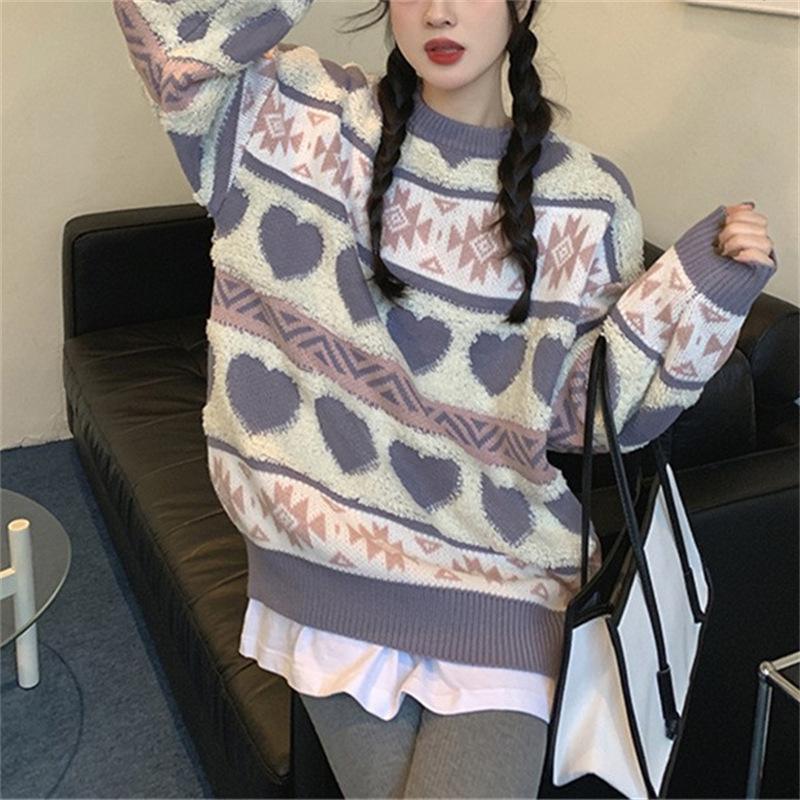 

Женский жаккардовый свитер с надписью Love, осенне-зимний вязаный свитер, свободный пуловер с длинным рукавом, женский топ 3XL фиолетовый