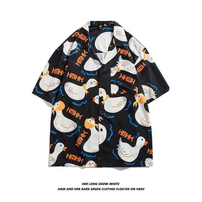 Straight Streetwear Fashion Casual Shirts Turn-down Collar Man Short Sleeve Button Printing Spring Summer Thin Men's Clothing