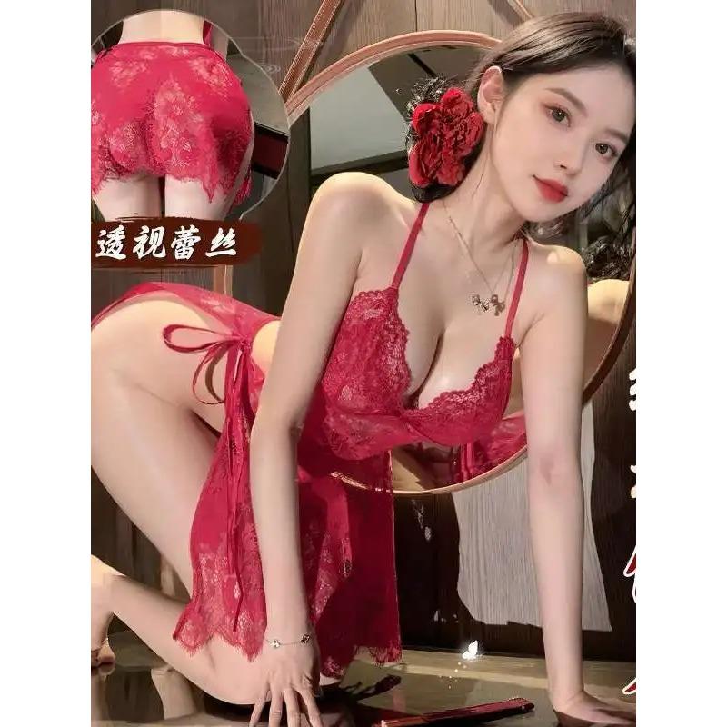 Sexy Female Deep V Neck Lace Back Strap Mesh Lace Sheer Sleepwear Dress Elegant 2025 New Tops Mini Dress Hot Sexy Korean N50P