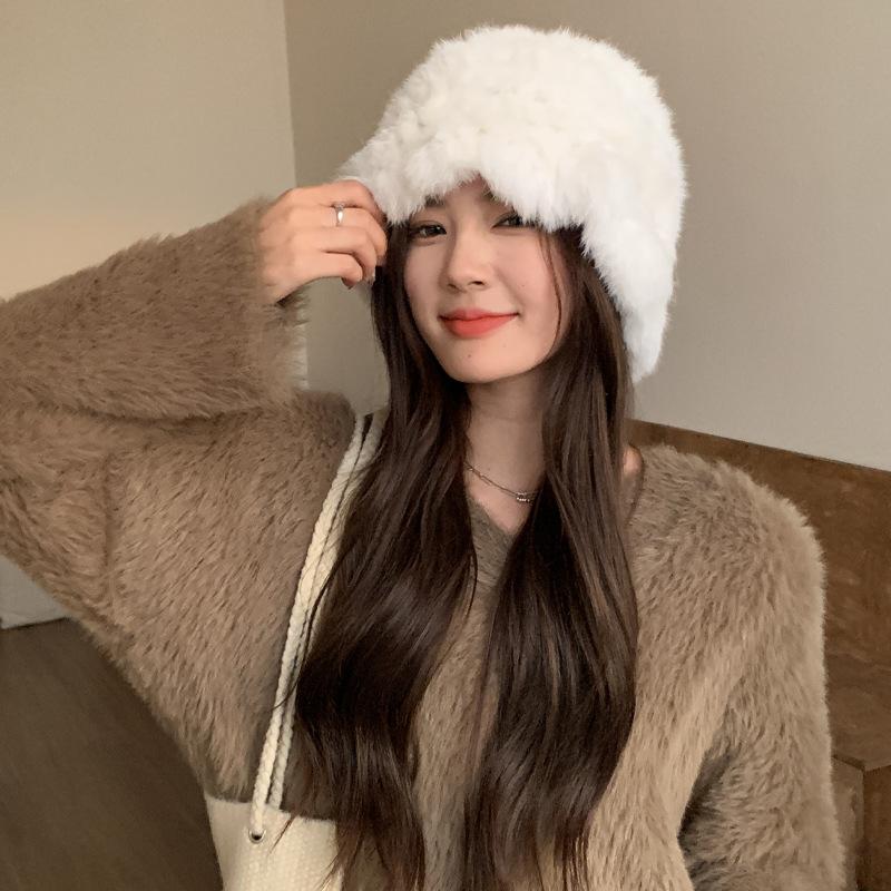 Autumn and winter cloud plush hat female warm rabbit fur hat big head circumference shows small face fluffy basin hat