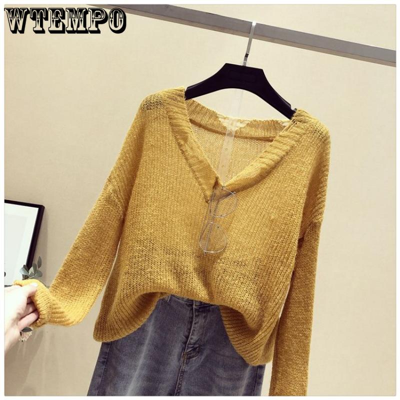 Spring Women's Sweater Long Sleeve Loose Knit Women's Thin Slouchy Sweater Hollow Top