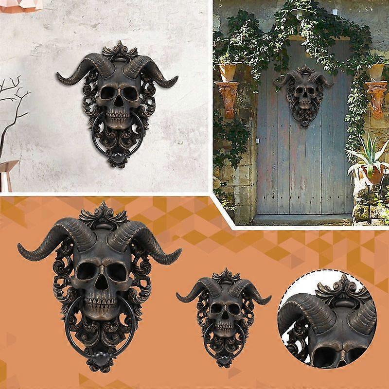 Horned Satanic Devil Lucifer Skeleton Door Knocker Wall Hanging Plaque for Halloween Outdoor Home Decoration