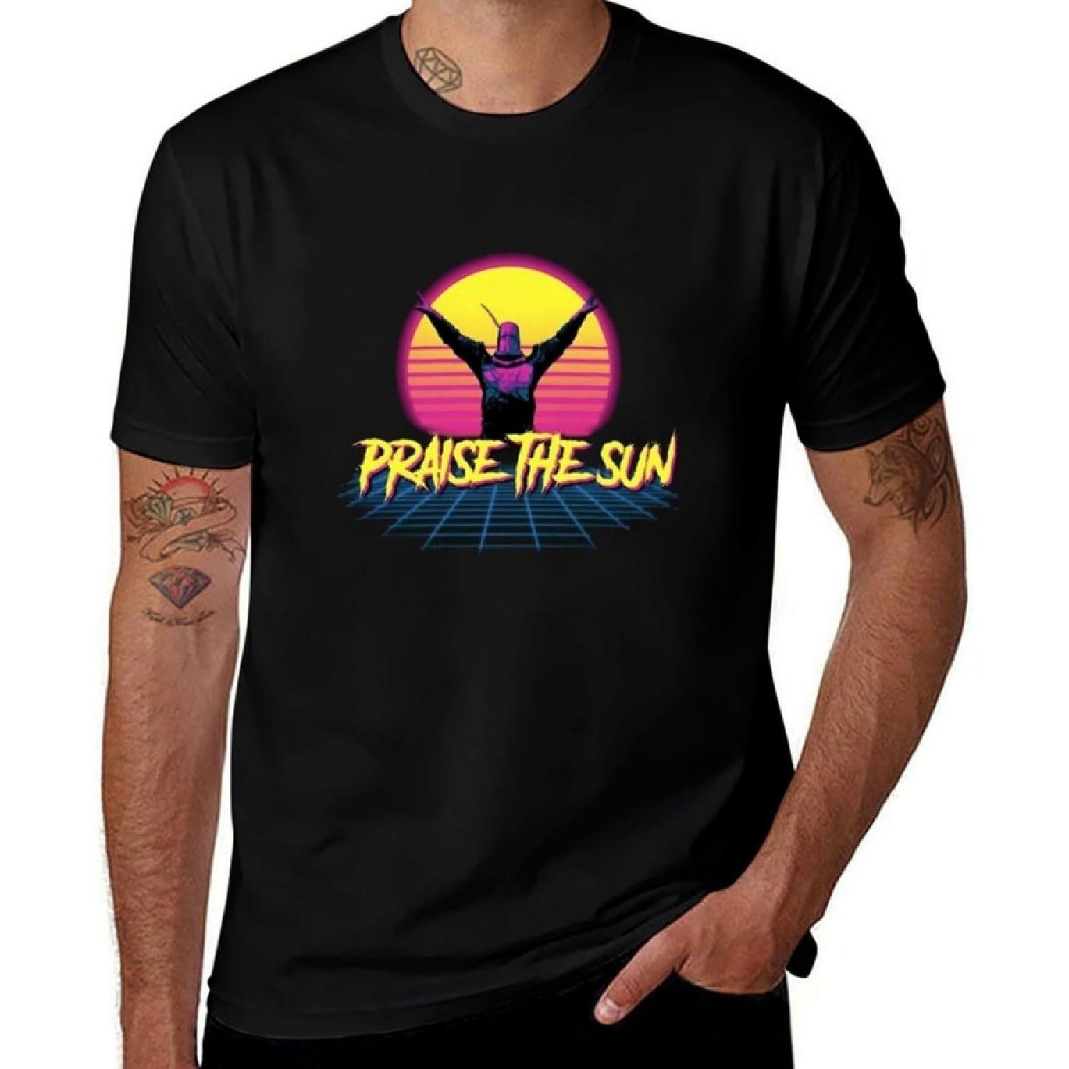Praise The Sun Retro Gaming T-Shirt, Black, Synthwave Sunset Design S