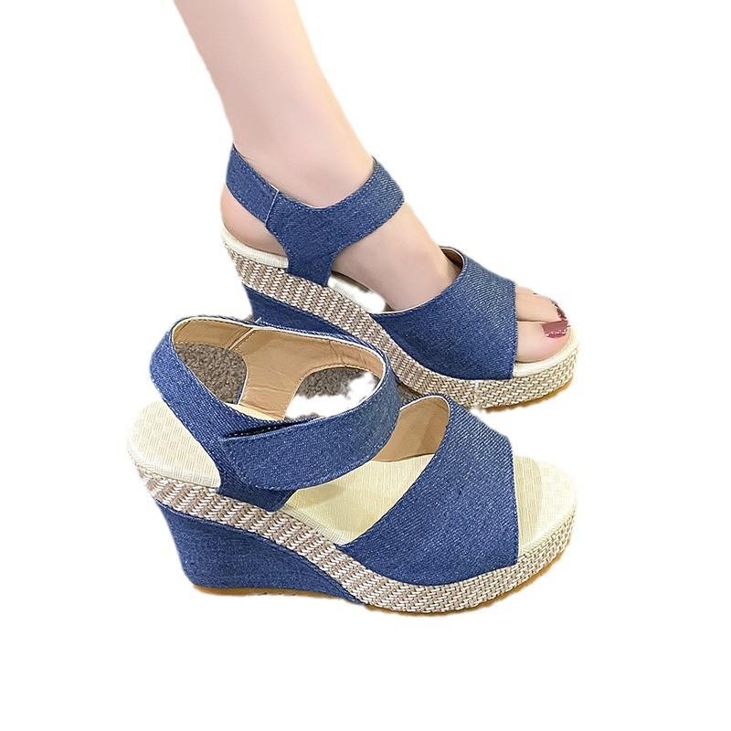 2025 Summer Fashion Denim New Muffin Women's Shoes European and American Casual Sandals Magic Platform Wedge Heel Women's Sandals