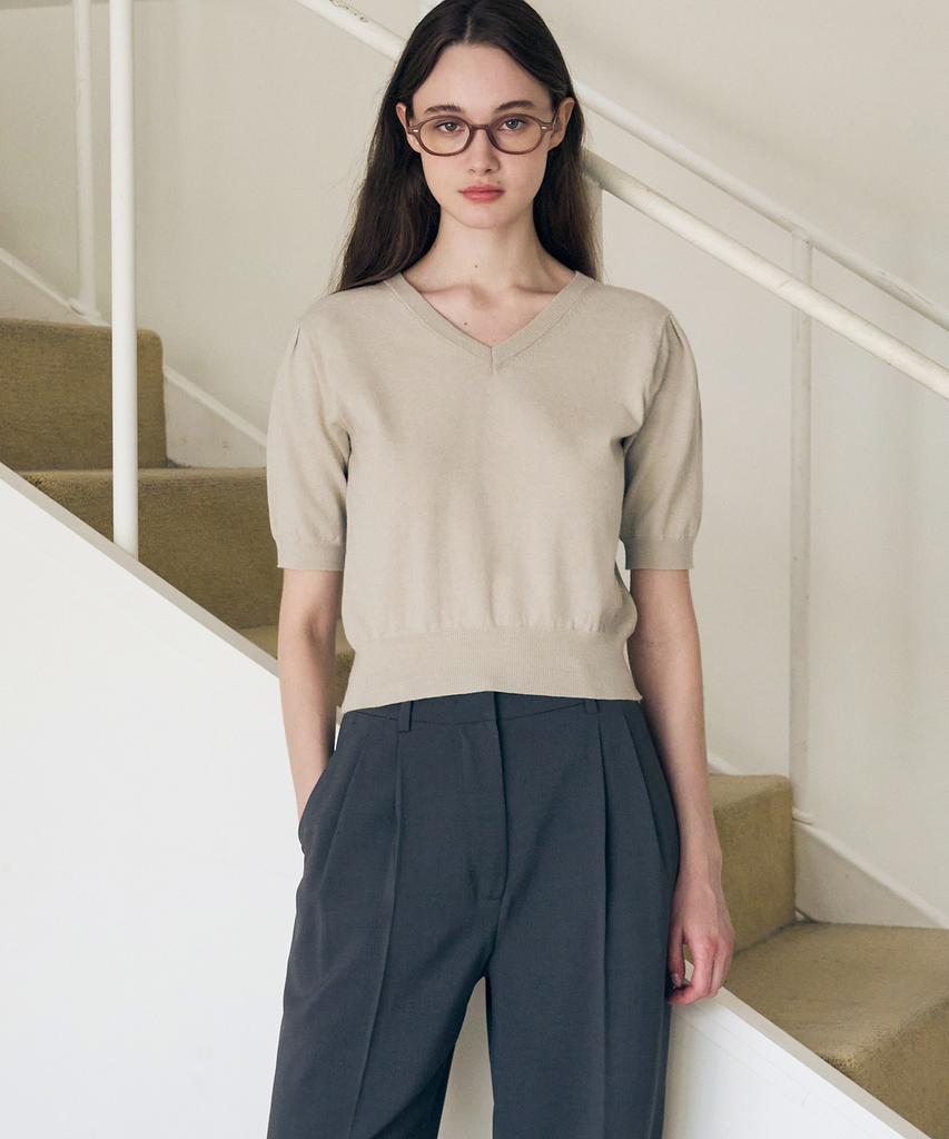 Deuloupisumeon V-Neck Puff Short Sleeve Cotton Knit [Sand Grey]