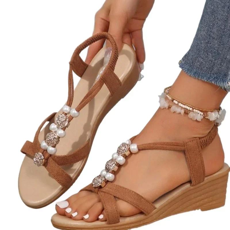 

Женская обувь 2025 Лето Эластичная лента Женские сандалии Уличные Женские Повседневные Бусины на шнурке Круглый носок Большой размер Платформа Клиновидный сандалий 42 темно-коричневого