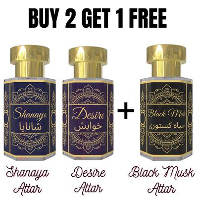 Desire Attar and Shanaya Attar with Free Black Musk Attar – Floral, Warm & Musky Fragrance Combo | Alcohol-Free Unisex Roll-On Perfume Oils | 3 X 6 Ml