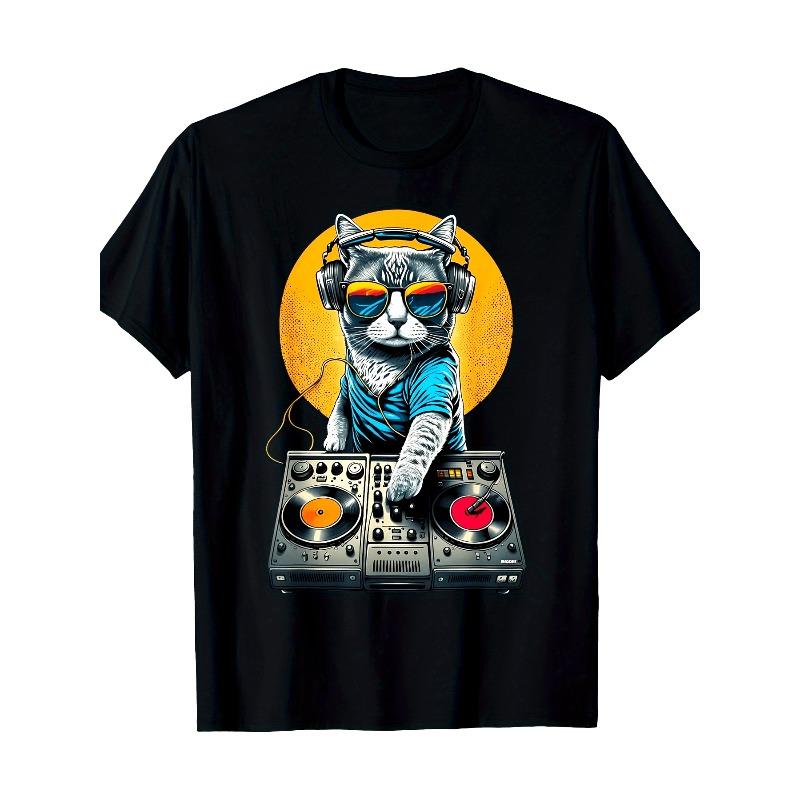 European sizes Men s DJ Cat Graphic T-Shirt- Black 100% Cotton, Short Sleeve, Round Neck, Casual Fit, Cool Cat with Headphones S чёрный