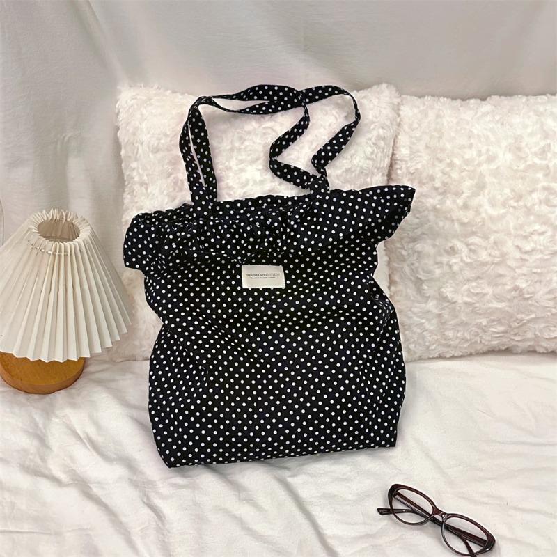 

Korean ins polka dot lace canvas bag women s shoulder large capacity tote bag student class commuter bag чорний