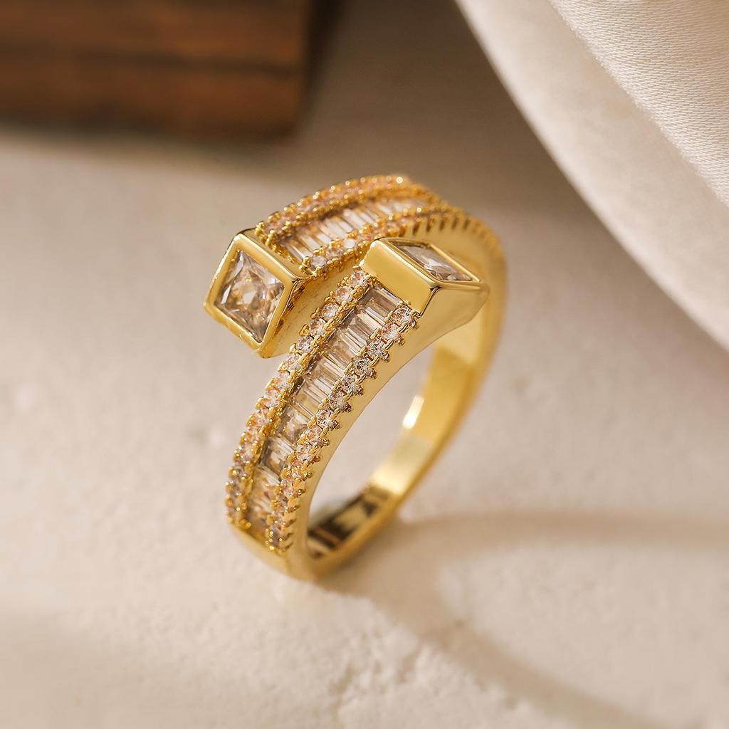 Aogu 18K Gold Plated Zircon Geometric Open Ring for Women