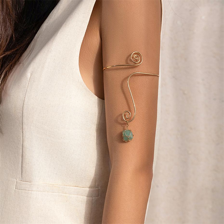 Ingemark Creative Water Drop Stone Pendant Open Cuff Bangles for Women Wed Bridal Goth Geometric Arm Bracelet Aesthetic Jewelry