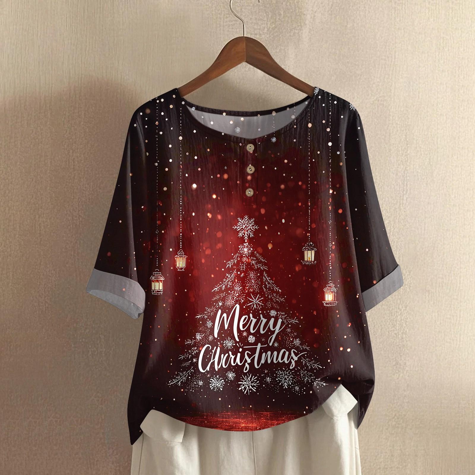 

Women s Fashionable And Casual Shirt Half-sleeve Round Neck Christmas Print Cotton And Linen Blouse Top XXL