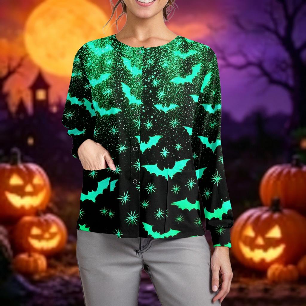 Women's Casual Long Sleeve Cardigan Button Down Lightweight Knit Halloween Printed Open Front Sweater Top for Caregivers and Everyday Wear