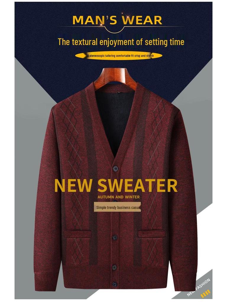 Men's Autumn-Winter Knit Cardigan: Thickened Velvet Sweater for Middle-aged and Elderly Dads and Grandpas.