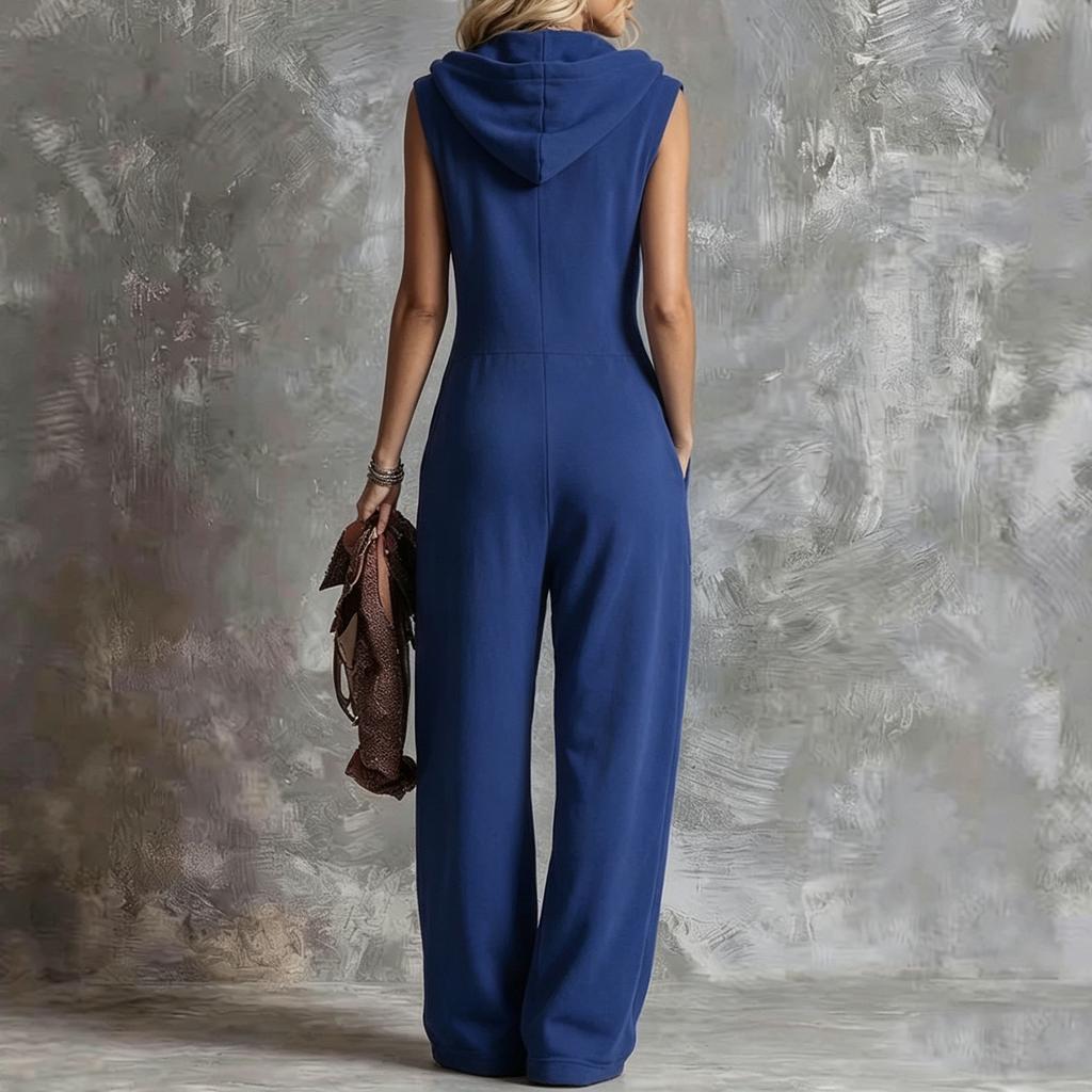 Ärmelloser Kapuzen-Jumpsuit für Damen mit V-Ausschnitt und Reißverschluss vorne, lockerer Passform und großen Taschen für den Alltag