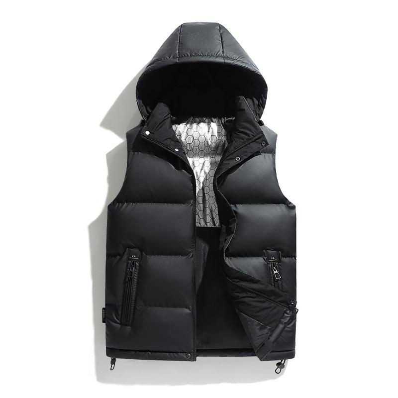 Autumn and winter new PU leather vest men's hooded vest down cotton jacket vest fashion thermal vest tide