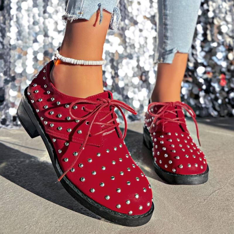 Women's Low Heel Lace-Up Flats with Metal Studs, Casual Slip-On Fashion Shoes, Plus Size Footwear
