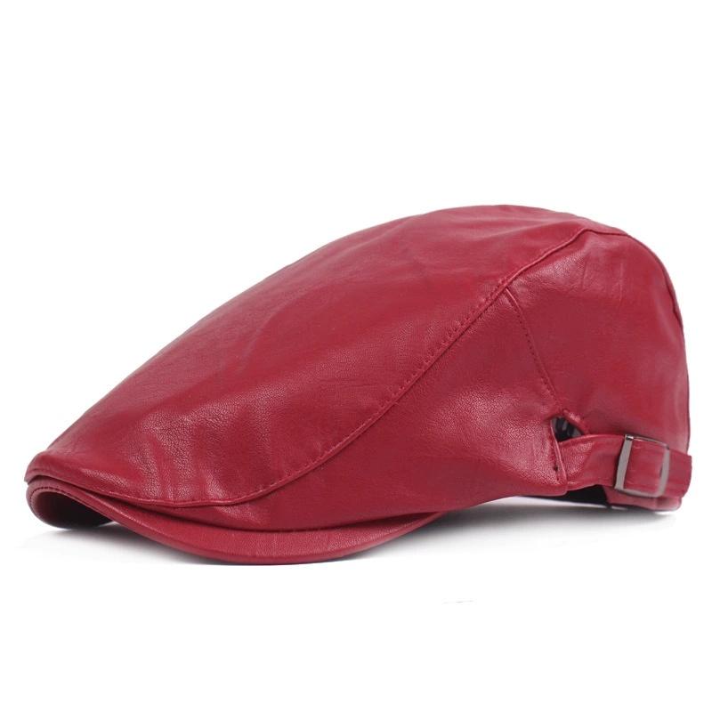 New Men Women Berets Faux Leather British Vintage Flat Cap Male Solid Black Red Navy Brown Newsboy Caps Adjustable Driver Hats