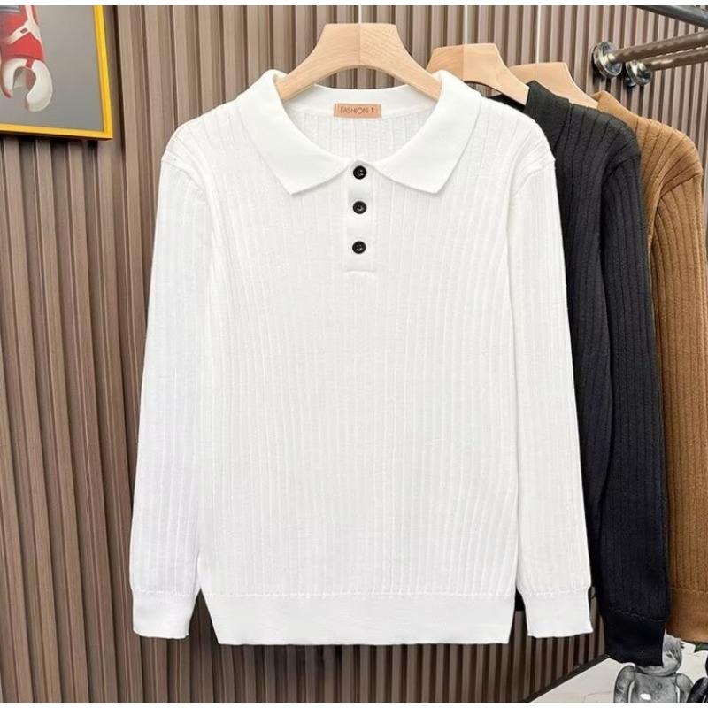 Spring Autumn Polo-neck Long Sleeve Knitting Pullover Top Male Casual Fashion Solid Bottomed Sweater Men