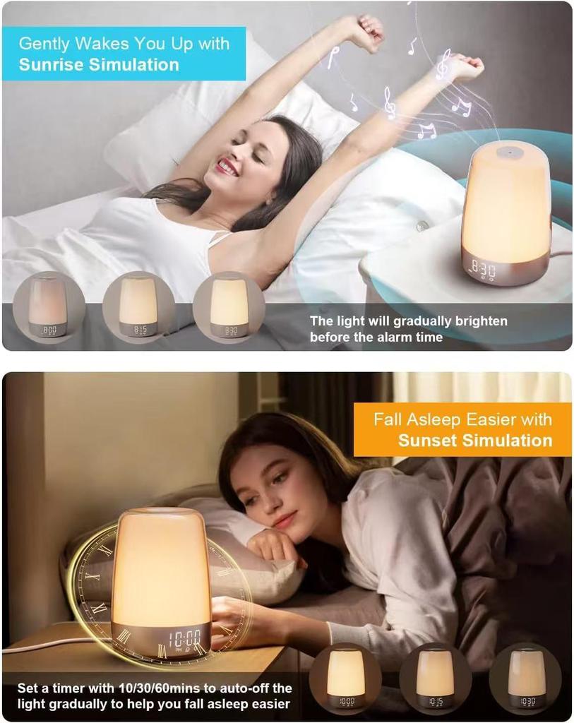 Smart Sunrise Simulation LED Alarm Clock with Colorful Night Light & Timer