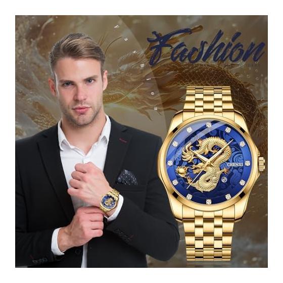 Dragon Watch Men's Stainless Steel Gold: Luminous Analog Calendar Dragon Quartz Watch Antique 3ATM Waterproof Men's Fashion Accessories Gold -