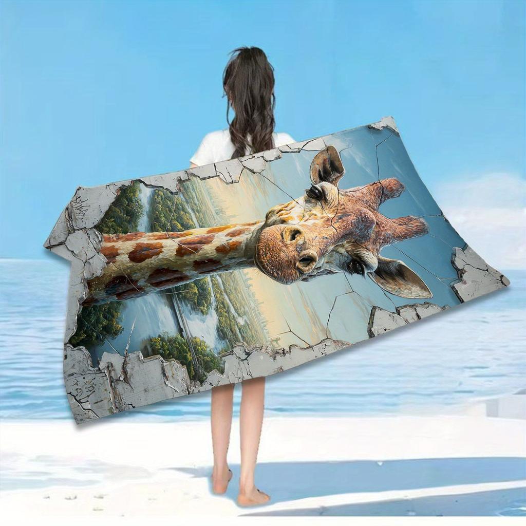 1pc 3D Cracked Effect Giraffe Print Beach Towel - Ultra-Soft Microfiber Quick-Dry Large Rectangular Pool Towel with Realistic
