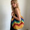Bohemian Rainbow Crochet Tote Bag Large Capacity Beach Shoulder Bag Casual Woven Handbag for Summer Travel Shopping