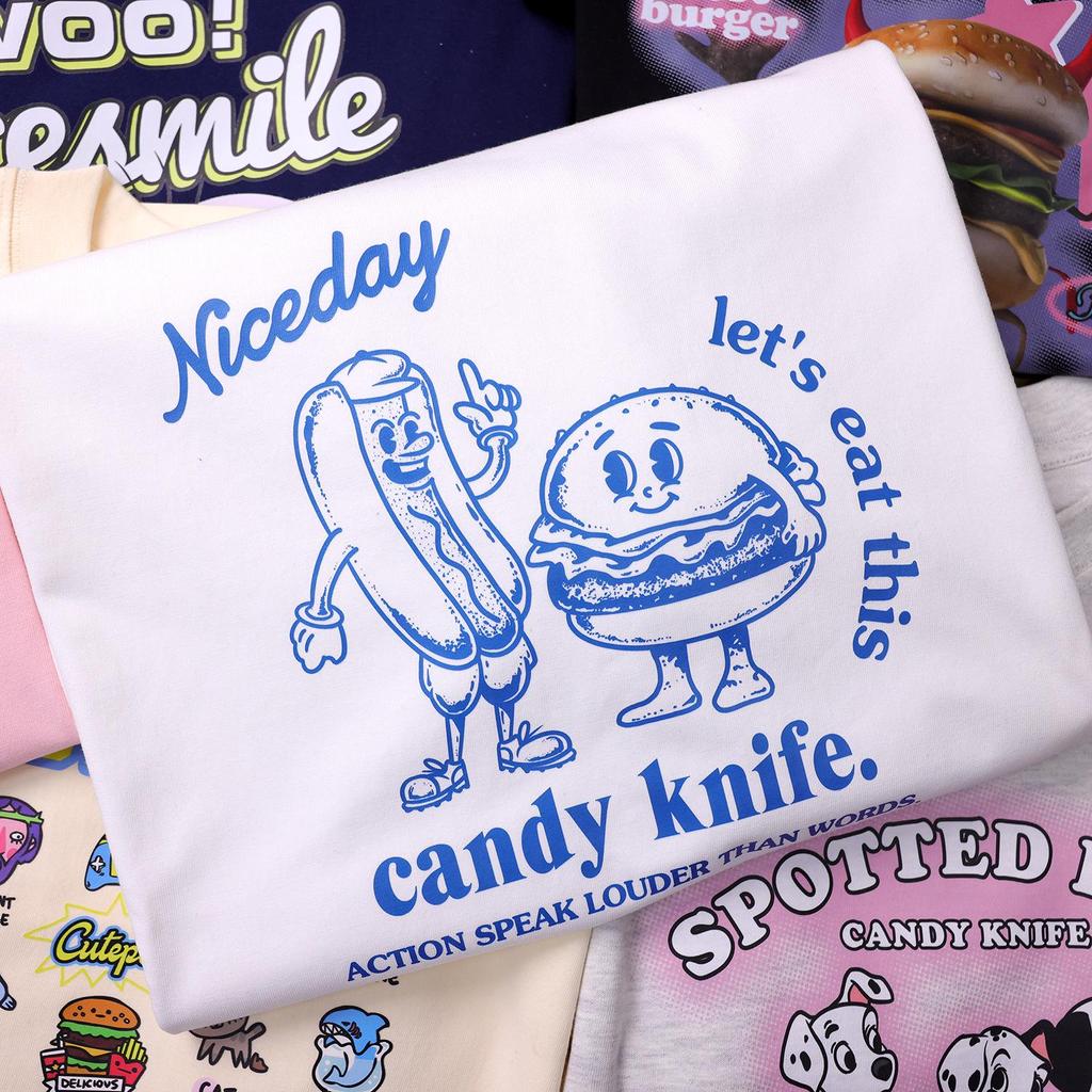 Hot Dog & Burger Cartoon T-shirt for Couples - American Casual Short Sleeve