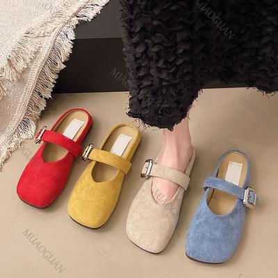 Spring Retro Single Shoes Comfortable Flat Bottom Ladies Sandals Square Toe Ballerina Style Slippers Casual Solid Mules Slides