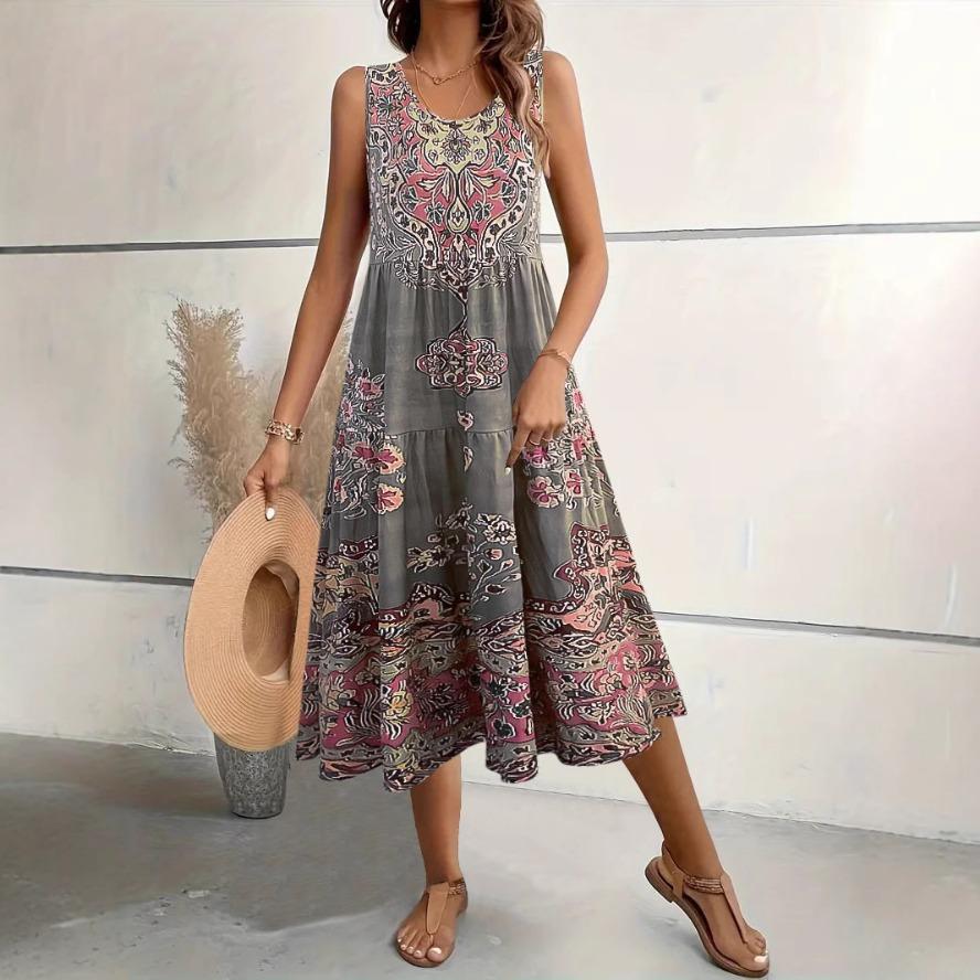 

YYFS Женская мода Лето Весна Цветочный узор Принт Без рукавов О-образный вырез Свободная талия Повседневные платья XXL красный